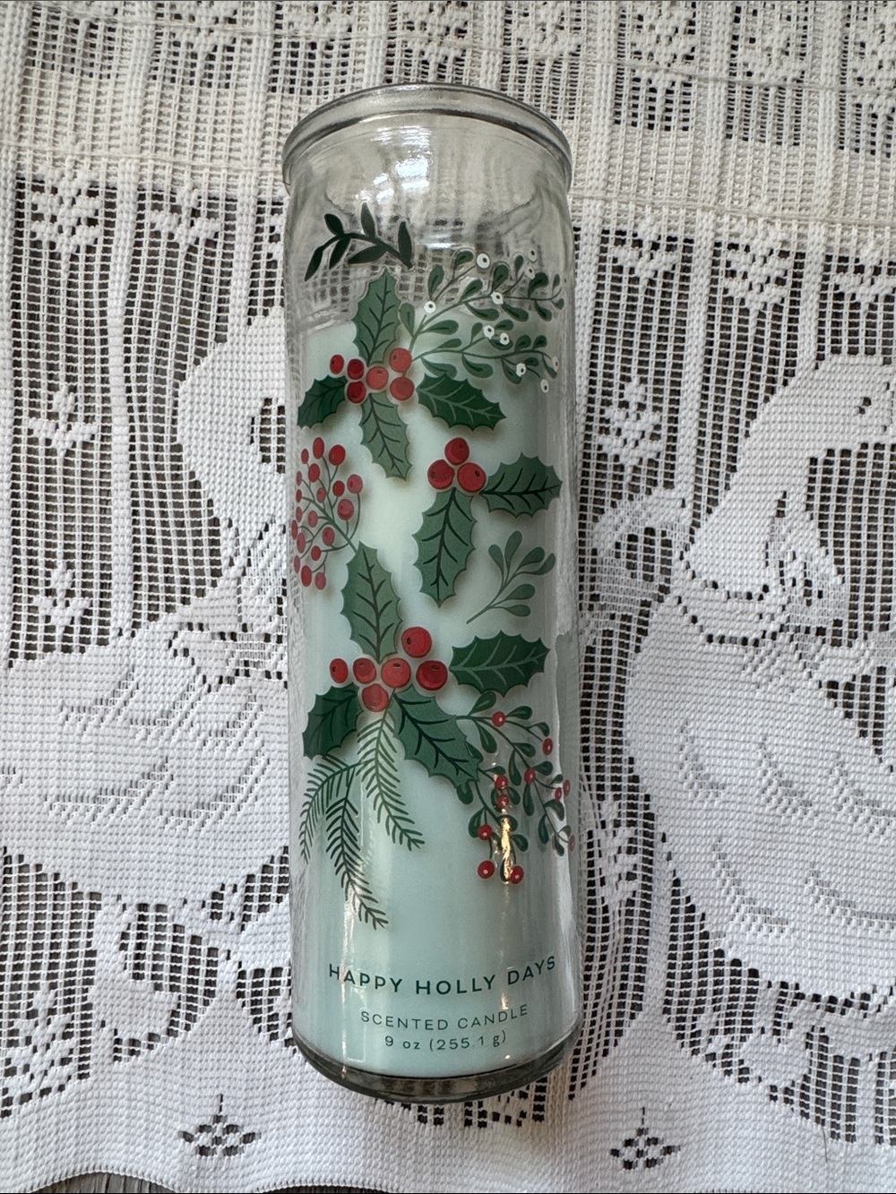 Mainstays Mint Green and Red Holiday “Happy Holly Days” Tall Jar Scented Candle